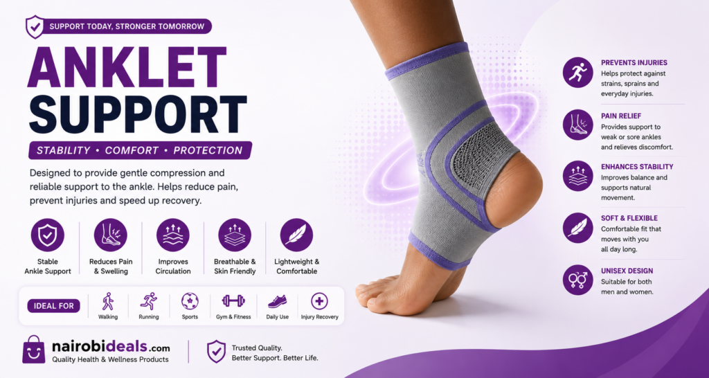 Foot wearing gray and purple anklet support sleeve with promotional text highlighting stability, comfort, and protection Nairobi Kenya.