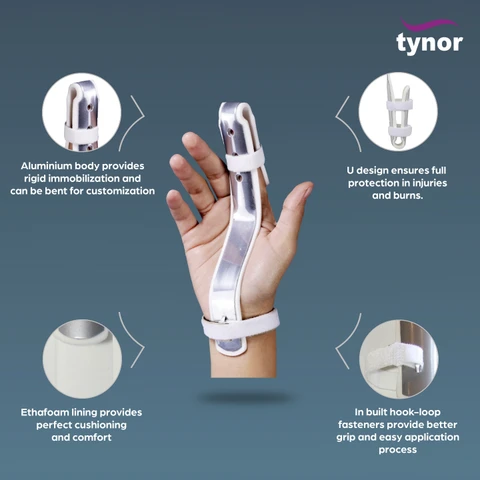 Hand wearing Tynor aluminum finger splint with U‑shaped design and hook‑loop fasteners Nairobi Kenya
