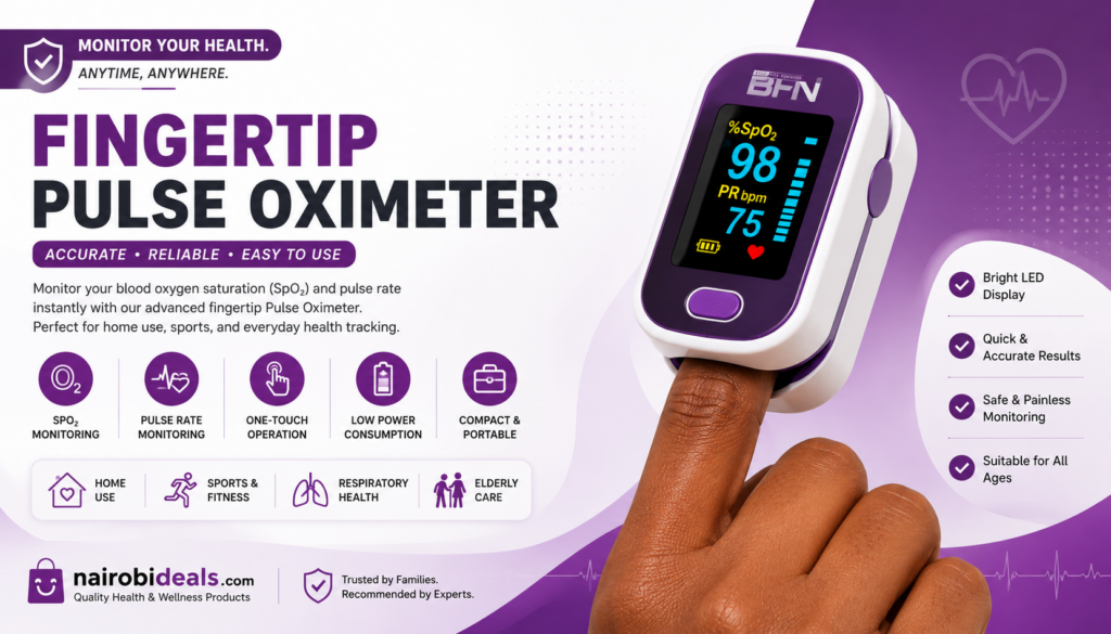 Purple and white fingertip pulse oximeter clipped on finger with LED display showing SpO₂ and pulse rate Nairobi Kenya.