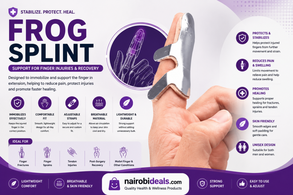 Hand wearing metallic Frog Splint finger support brace with infographic highlighting stabilization, comfort, and healing Nairobi Kenya