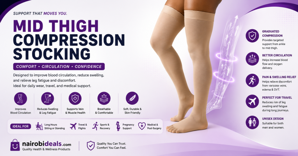 Beige mid‑thigh compression stockings worn on legs with purple and white promotional background Nairobi Kenya.