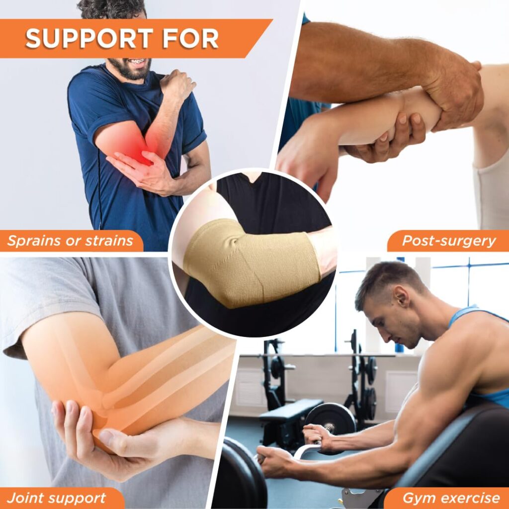 Collage showing beige elbow support sleeve used for sprains, post‑surgery recovery, joint support, and gym exercise Nairobi Kenya.