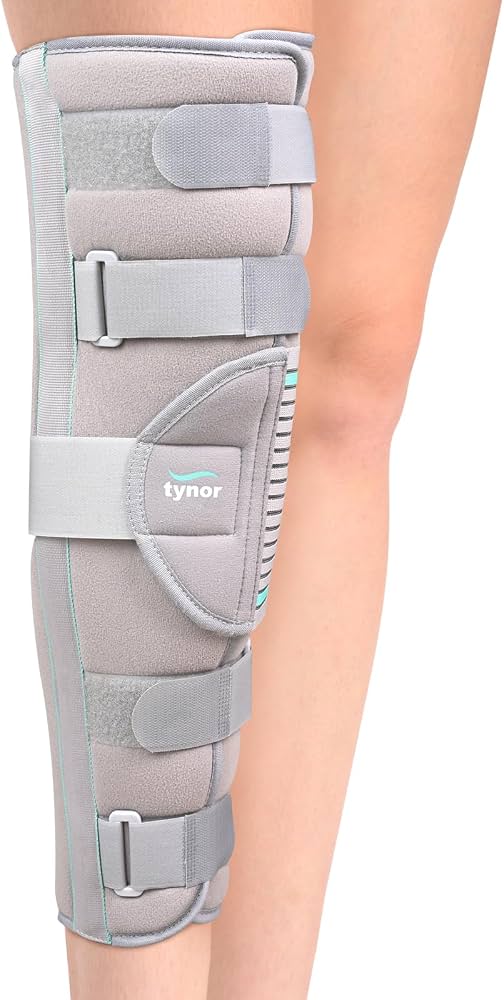 Gray pediatric knee brace with teal trim and playful hippopotamus cartoon face featuring eyes, nostrils, and smiling mouth Nairobi Kenya