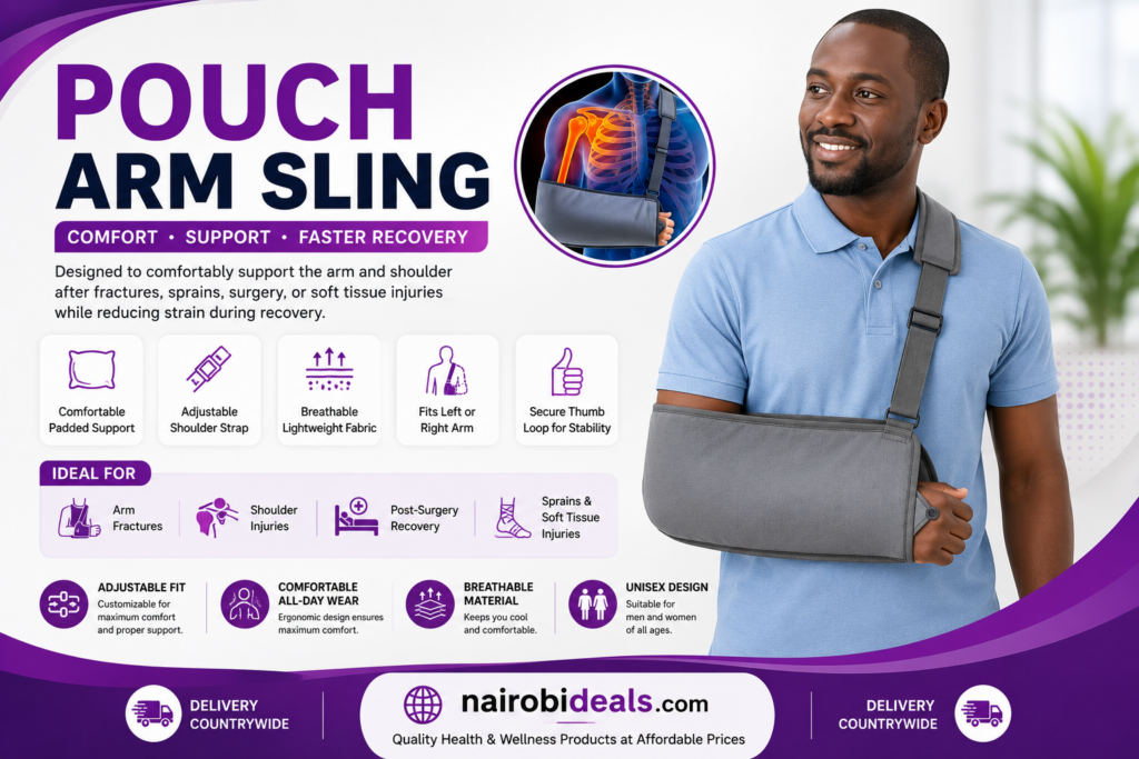 Person wearing gray pouch arm sling with anatomical shoulder inset and promotional text highlighting comfort, support, and faster recovery Nairobi Kenya