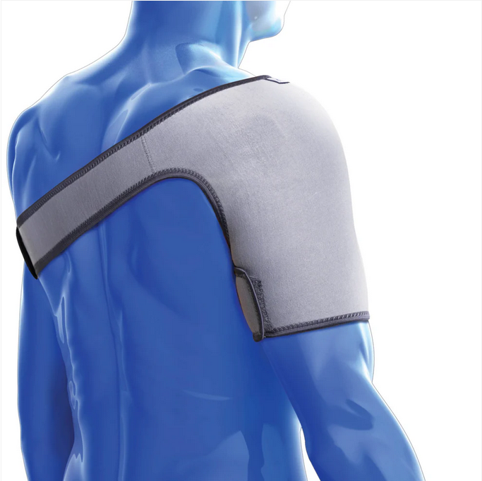 Blue anatomical model wearing gray shoulder support brace with adjustable straps across chest and back Nairobi Kenya