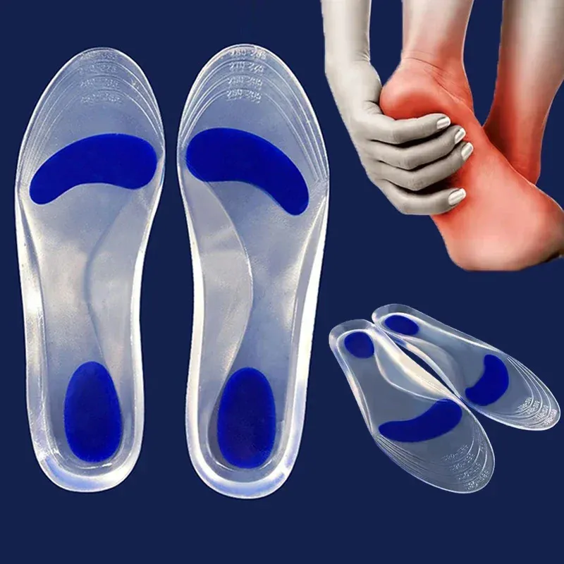Pair of transparent silicone gel insoles with blue cushioning at heel and arch, shown alongside illustration of foot pain relief Nairobi Kenya.
