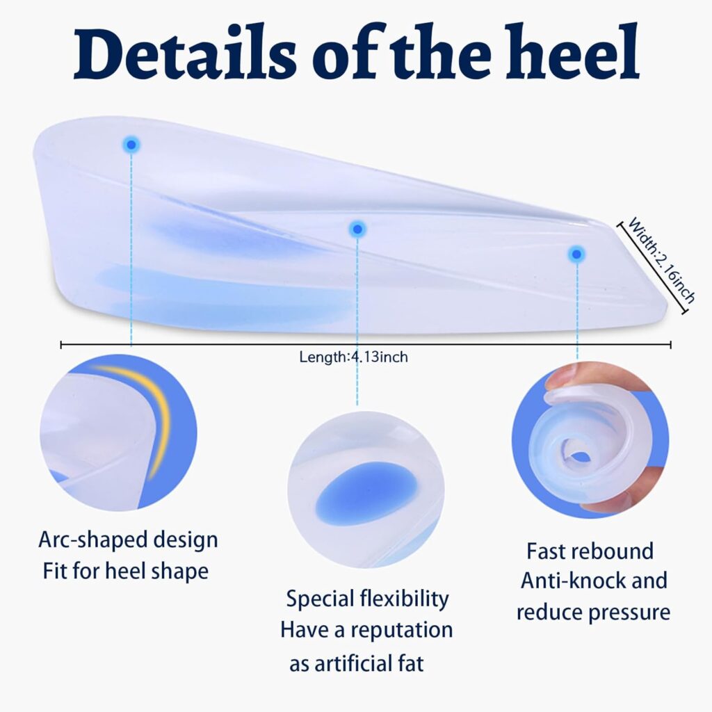 Transparent silicone heel insert with blue cushioning pad showing arc‑shaped ergonomic design and rebound properties Nairobi Kenya.