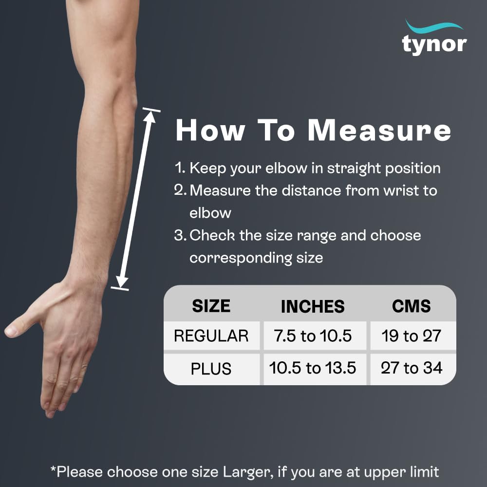 Measurement chart showing wrist‑to‑elbow distance for selecting Tynor forearm splint size with Regular and Plus options Nairobi Kenya.