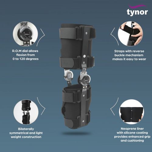 Black Tynor hinged knee brace with adjustable straps, metal hinges, and ROM dial for flexion control Nairobi Kenya